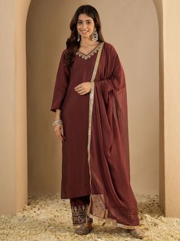 VredeVogel - Brown Embroidered Kurta with Palazzo and Dupatta
