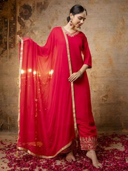 VredeVogel - Pink Embroidered Kurta with Palazzo and Dupatta