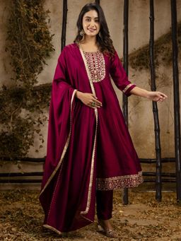 VredeVogel - Maroon Embroidered Anarkali Kurta with Pant and Dupatta