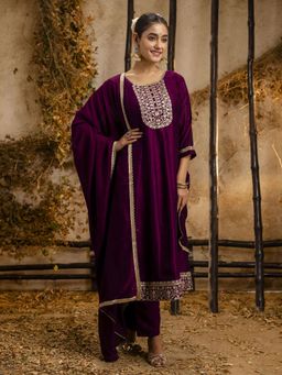 VredeVogel - Purple Embroidered Anarkali Kurta with Pant and Dupatta