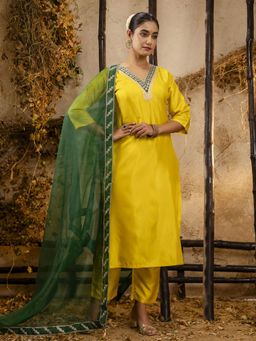 VredeVogel - Yellow Embroidered Kurta with Pant and Dupatta