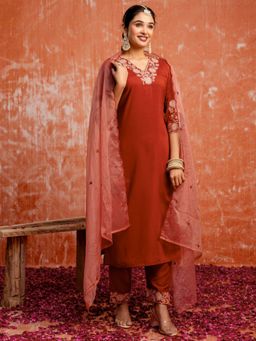 VredeVogel - Red Embroidered Kurta with Pant and Dupatta