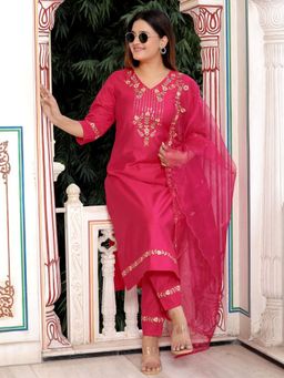 VredeVogel - Pink Embroidered Straight Kurta with Pant and Dupatta