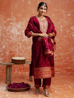 VredeVogel - Maroon Embroidered Kurta with Pant and Dupatta