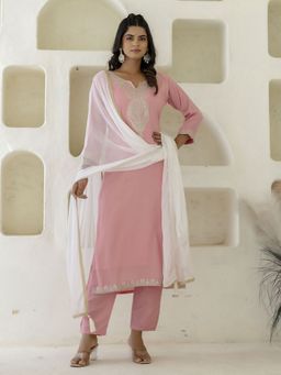 VredeVogel - Pink Embroidered V Neck Kurta with Pant and Dupatta