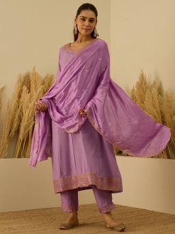 VredeVogel - Purple Embroidered Straight Anarkali Kurta with Pant and Dupatta
