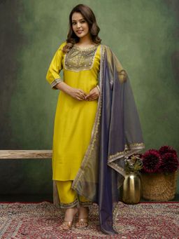 VredeVogel - Yellow Embroidered Straight Kurta with Pant and Dupatta