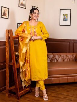 VredeVogel - Silk Blend Yellow Embroidered Kurta with Pant and Dupatta