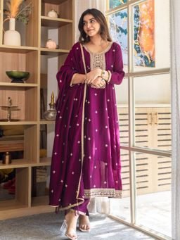 VredeVogel - Purple Embroidered Anarkali Kurta with Pant and Dupatta