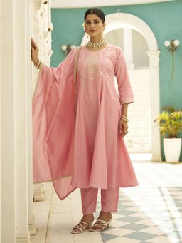 VredeVogel - Pink Silk Blend Embroidered V Neck Anarkali Kurta with Pant and Dupatta