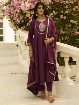 VredeVogel - Purple Embroidered Anarkali Kurta with Pant and Dupatta