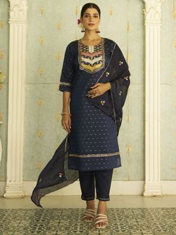 VredeVogel - Navy Blue Embroidered Kurta with Pant and Dupatta