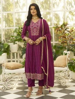 VredeVogel - Purple Embroidered Pull On Anarkali Kurta with Pant and Dupatta