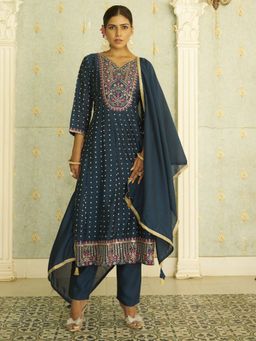 VredeVogel - Blue Embroidered Anarkali Kurta with Pant and Dupatta