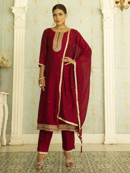 VredeVogel - Maroon Embroidered Anarkali Kurta with Pant and Dupatta