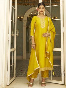 VredeVogel - Silk Blend Yellow Embroidered Anarkali Kurta with Pant and Dupatta