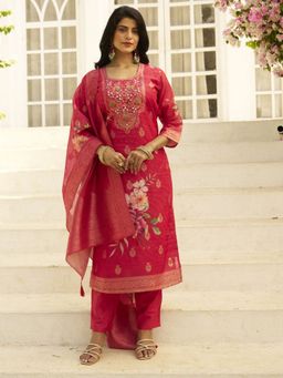 VredeVogel - Pink Silk Blend Embroidered V Neck Kurta with Pant and Dupatta