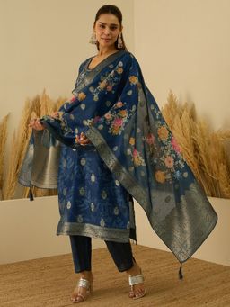 VredeVogel - Blue Embroidered Straight Kurta with Pant and Dupatta