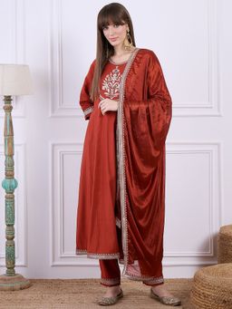 VredeVogel - Rust Embroidered Anarkali Kurta with Pant and Dupatta