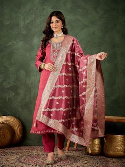 VredeVogel - Maroon Embroidered Straight Kurta with Pant and Dupatta