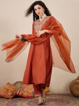 VredeVogel - Rust Embroidered Anarkali Kurta with Pant and Dupatta