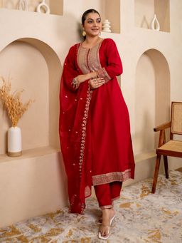 VredeVogel - Red Embroidered Kurta with Pant and Dupatta