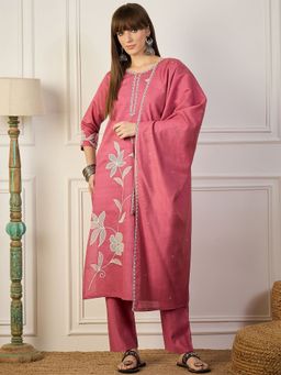 VredeVogel - Silk Blend Embroidered V Neck Kurta with Pant and Dupatta