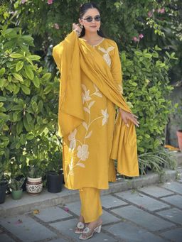 VredeVogel - Yellow V Neck Embroidered Kurta with Pant and Dupatta