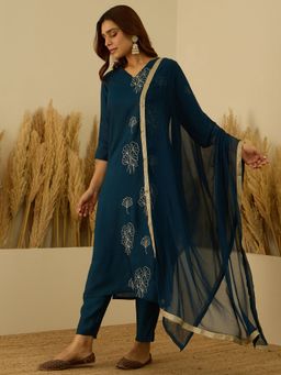 VredeVogel - Teal Embroidered Kurta with Pant and Dupatta