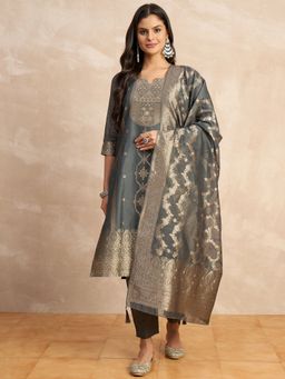 VredeVogel - Grey Floral Woven Kurta with Pant and Dupatta