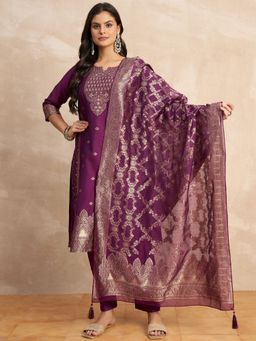 VredeVogel - Purple Floral Woven Kurta with Pant and Dupatta