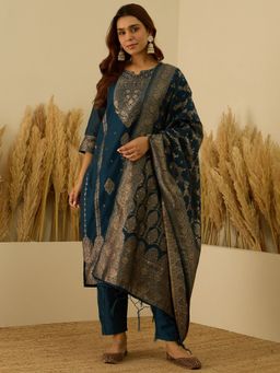 VredeVogel - Teal Blue Floral Woven Kurta with Pant and Dupatta