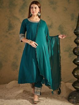 VredeVogel - Teal Embroidered Kurta with Pant and Dupatta