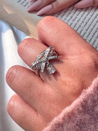 Bow White Crystal Drop Ring