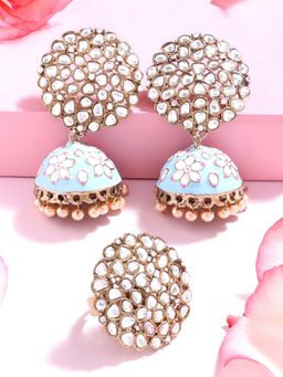 Zaveri Pearls - Turquoise Blue Pink Enamel Kundan Jhumki Earring & Ring Set-ZPFK14646