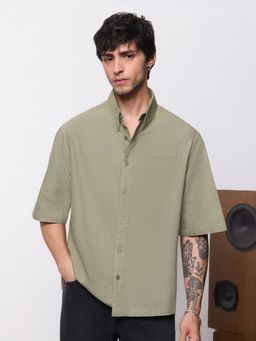 The Souled Store - Boxy-Fit Shirt: Soft Sage Men Men Boxy Fit Shirt