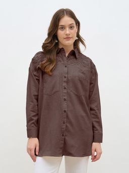 Styli - Women Black Oversized Fit Regular Length Embroidery Shirt