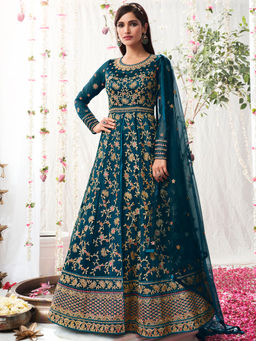 Stylee LIFESTYLE - Teal Net Embroidered Semi Stitched Dress Material (Set of 3)