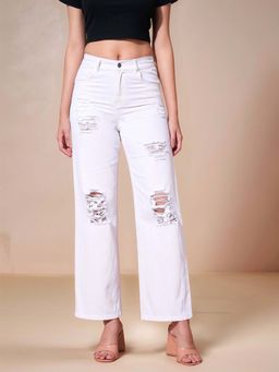 Outzidr - White Solid Straight Jeans