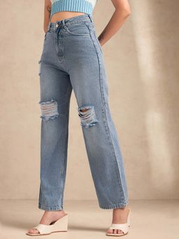 Outzidr - Blue Solid Loose Jeans