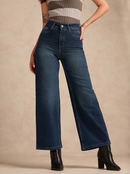 Outzidr - Blue Solid Wide Jeans