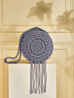 Tash Bags - Round Macrame Fringe Boho Stormy Grey Sling Bag