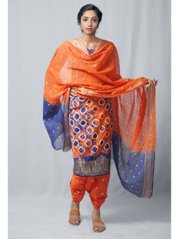 Unnati Silks - Unstitched Orange Pure Bandhani Cotton Salwar Kameez (Set of 3)