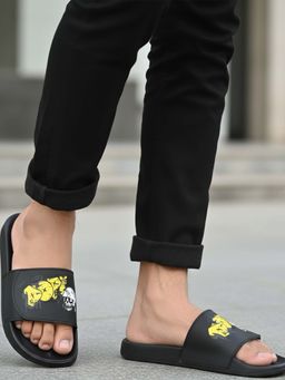 Bewakoof - Men Black Dope Printed Velcro Sliders
