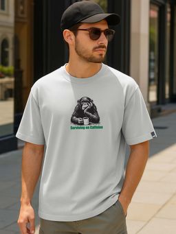 Bewakoof - Men Vapour Grey Surviving Graphic Printed Oversized T-Shirt