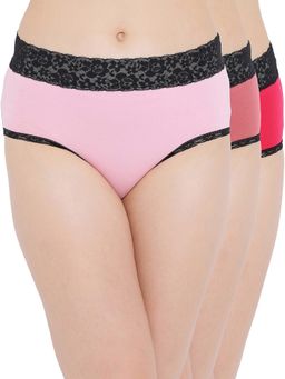 Clovia - Cotton Spandex Medium waist Outer Elastic Hipster Panty (Pack of 3)