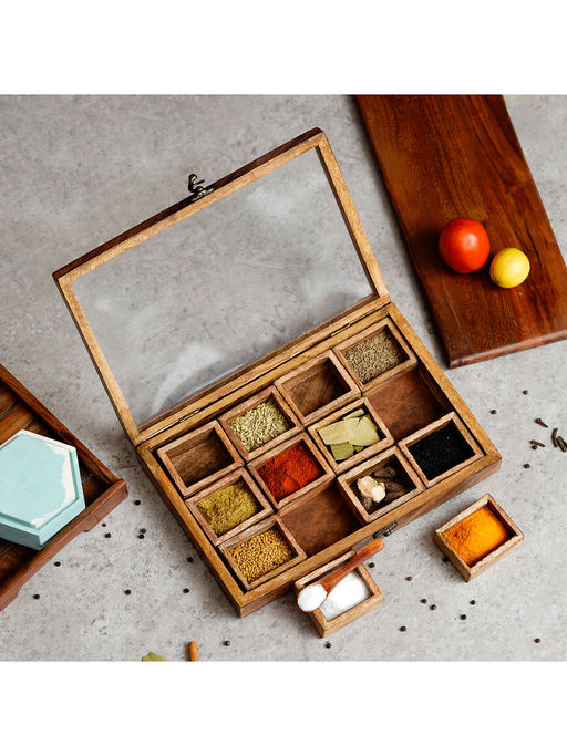 eCraftIndia 12 Rectangle Compartments Handcrafted Wooden Spice Box