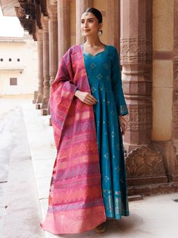 Kidar - Aegean Blue Printed Anarkali Kurta with Pant and Dupatta (Set of 3)