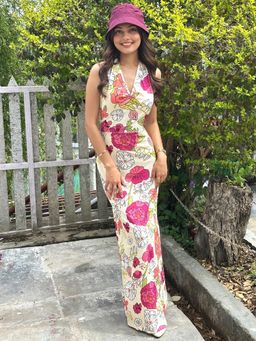 Tandul - Stunning Multi-Color Floral Printed Tie Up Neck Maxi Dress