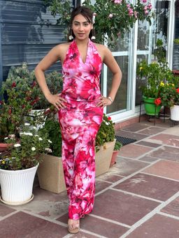 Tandul - Women Pink V-Neck Floral Printed Maxi Dress